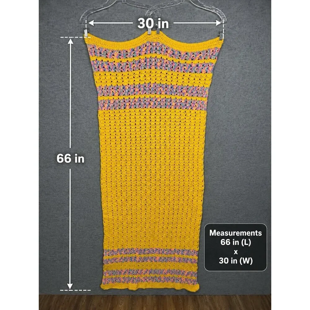 Vtg Handcrafted Crochet Throw Blanket Yellow Multi Stripe 66x30 Baby Lap Granny